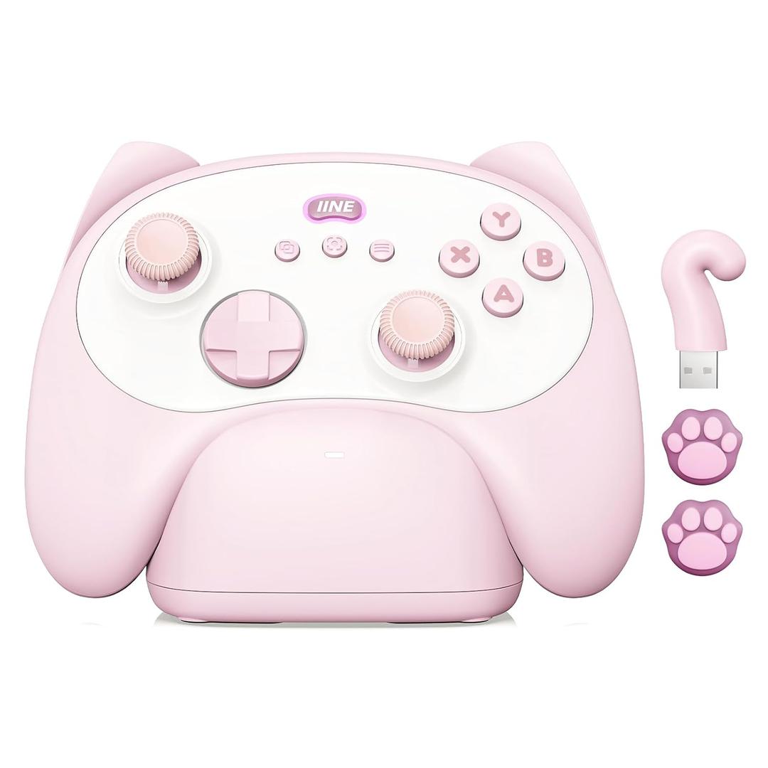 IINE Wireless Controller with Charging Dock  for PC, Switch, Android, iOS, Wireless & Wired Gamepad with Macro, Turbo, 6-Axis Motion, Rumble, Headphone Jack, Ergonomic Controller for Small Hands (Pink)