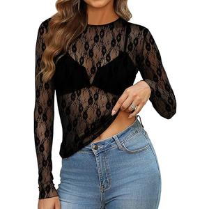 OFEEFAN Womens Mesh Tops Lace Long Sleeve Shirts Crewneck Slim Fitted Outfits See Through Blouses (Black Lace, XL)