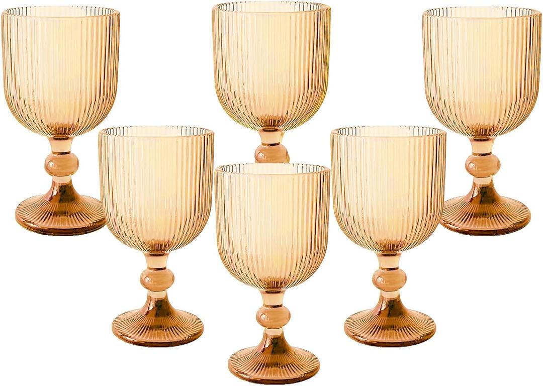 Vintage Glasses Set of 6, 11 Ounces Colored Glass Water Goblets, Colorful Unique Embossed Pattern High Clear Stemmed Glassware Wedding Party Bar Glass Drinking Cups Vertical Line Gold Amber