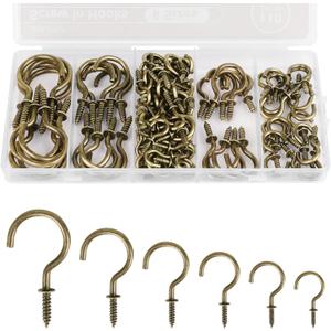 RELBRO Screw Hooks, 6 Sizes Metal Screw in Cup Hooks, 1/2 Inch, 5/8 Inch, 3/4 Inch, 7/8 Inch, 1 Inch, 1-1/4 Inch, Bronze, 110 Pcs
