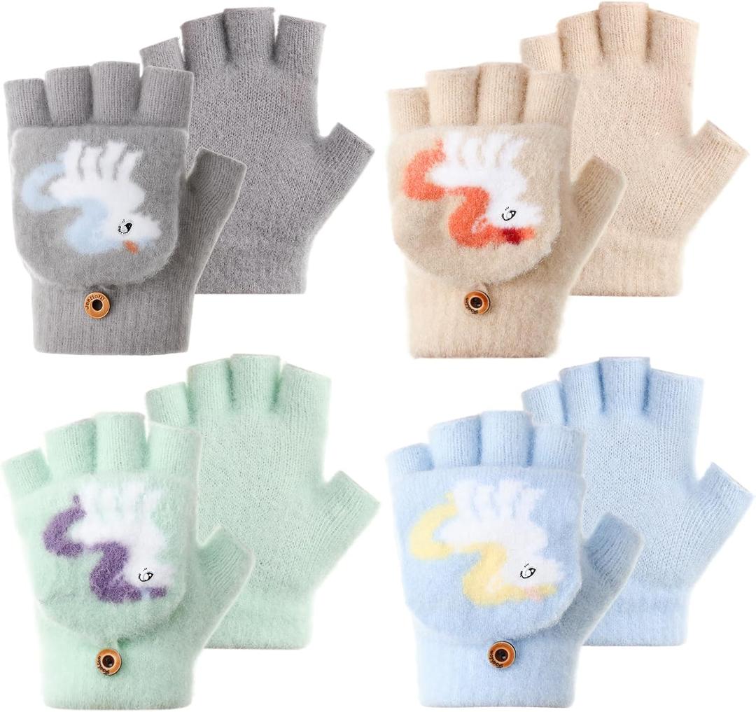 4 Pairs Kids Winter Touchscreen Gloves Warm Fleece Lined Child Knit Gloves Elastic Cuff Winter Texting for Girls Boys (Magnolia, Light Gray)