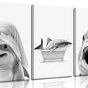 3pcs Black And White Shark Bathroom Canvas wall art Funny ocean Animal bathtub Paintings Pictures Wall Decor Modern Poster Printing Artwork for Restroom Toilet Home Decoration, Canvas, 16x24in 