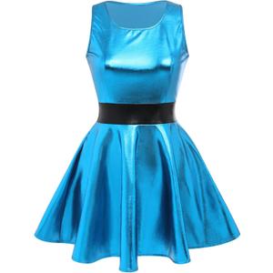 Womens Metallic Sleeveless 70s Skater Dress Club Party Disco Dance Holographic Dresses Halloween Rave Costume Clubwear (Large, Blue)
