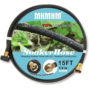 1/2" Soaker Hose for Garden Drip Hose Irrigation System with Solid Brass Fitting for Lawns Flower Beds & Vegetable Gardens (15FT)