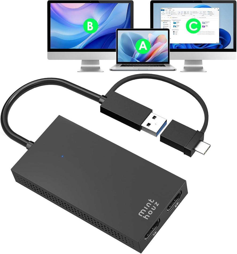 Minthouz HDMI Splitter for Dual Monitors, USB A/ C to 4K@30Hz &1080p@60Hz