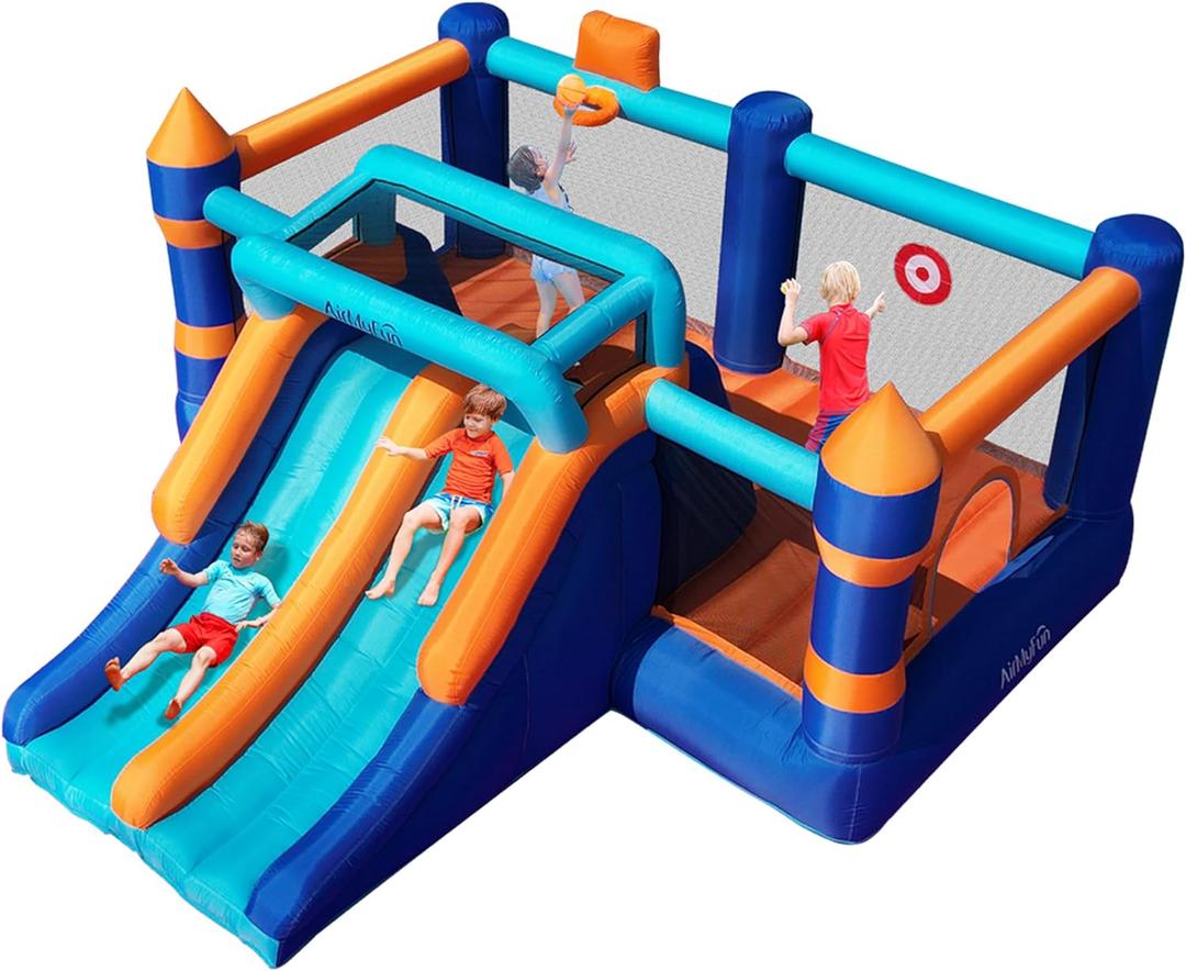 AirMyFun Inflatable Bounce House, Bouncy House with Double Slide,Jumping Bouncing House, Bounce Castle for Kids Indoor Outdoor, Playhouse with Basketball Rim, Pitching Game