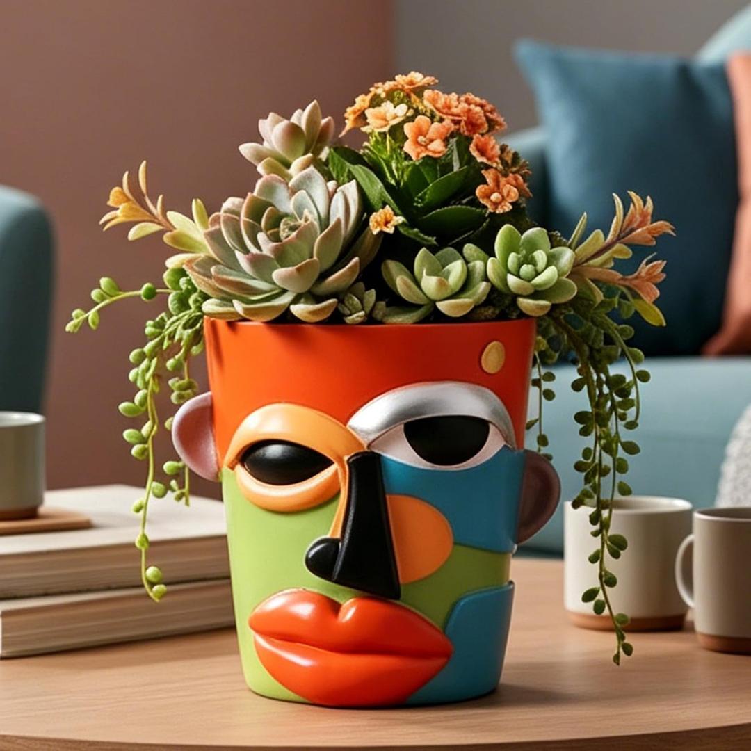 Abstract Face Planter Pot, Modern Face Planter for Indoor Plants, Colorful Cubist-Inspired Resin Plant Pot for Succulents Pothos Faux Flowers, Unique Small Planter for Shelf Table Desk Home Decor