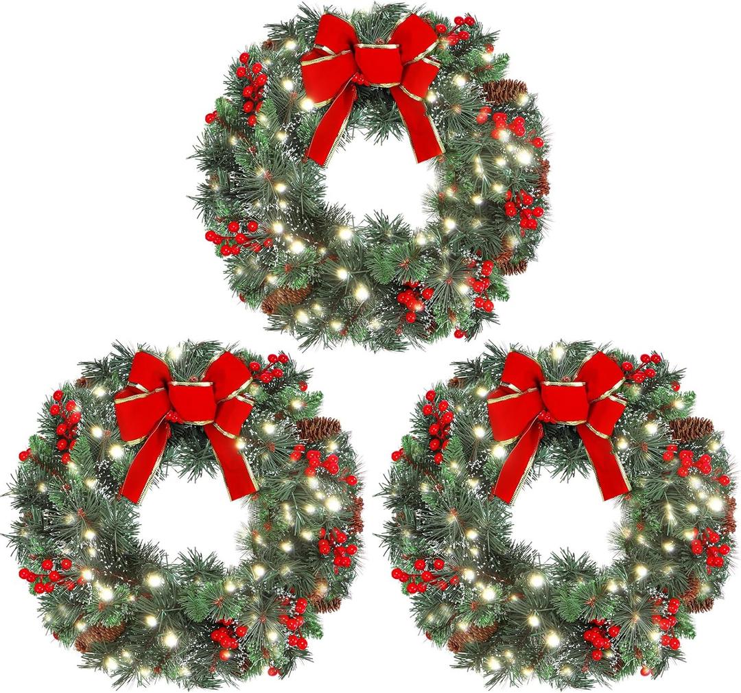 Glitinsel 3 Pack 16 Inch Christmas Wreath Decorations with Lights Battery Operated 50 LED Artificial Christmas Wreath for Front Door with Red Bow Pine Cones Berry for Outdoor Indoor Window Wall Decor