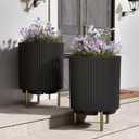 20.3'' Front Porch Planter Stand Set of 2, Round Plant Stand for Porch, Plastic Striped Planter Stand with 3 Holder, Outdoor Flower Pots Stand for Porch Decor, Patio, Balcony, Black