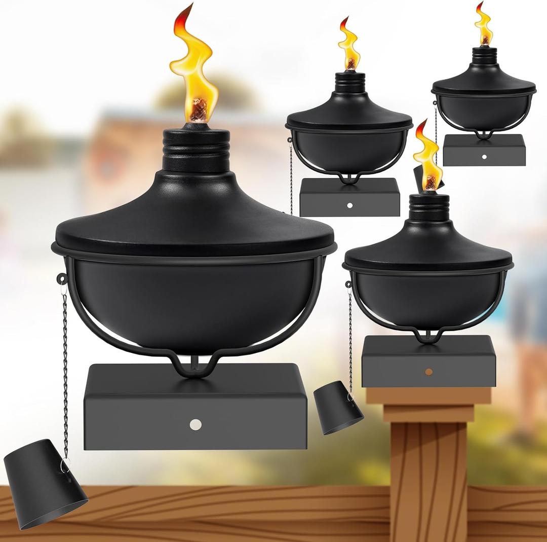 Citronella Post Cap Lights 4 Pack, Black Outdoor Fence Post Torches, 22oz Outside Citronella Deck Light for 4x4 5x5 6x6 Posts, Metal Garden Torch for Garden Dcor, Backyard, Patio