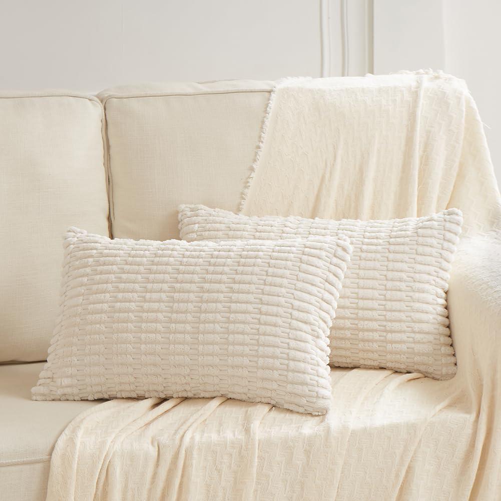 Fancy Homi 2 Packs Cream Lumbar Decorative Throw Pillow Covers 12x24 Inch for Living Room Couch Bed Sofa, Rustic Farmhouse Boho Home Decor, Soft Striped Corduroy Rectangle Cushion Case 30x60 cm (24" x 12" (Pack of 2))
