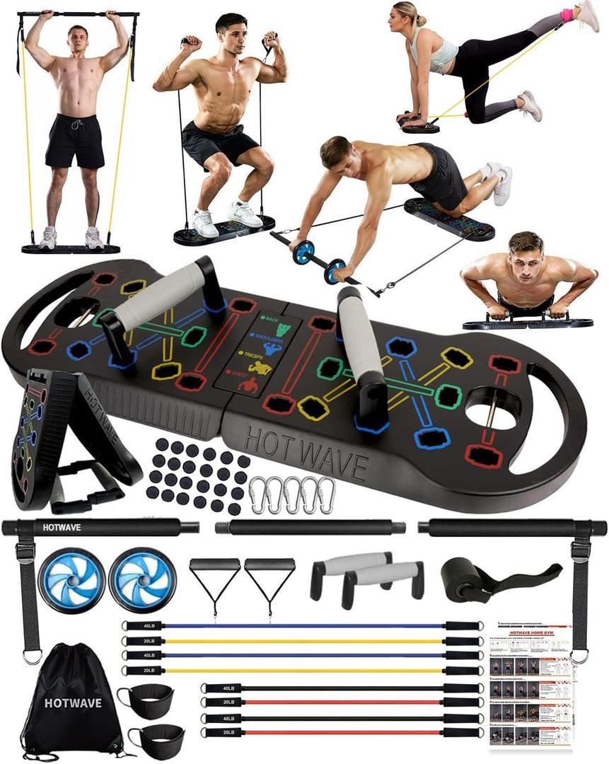 HOTWAVE Push Up Board Fitness, Portable Foldable 20 in 1 Push Up Bar at Home Gym, Pushup Handles for Floor. Professional Strength Training Equipment For Man and Women,Patent Pending (Black Ultimate kit)