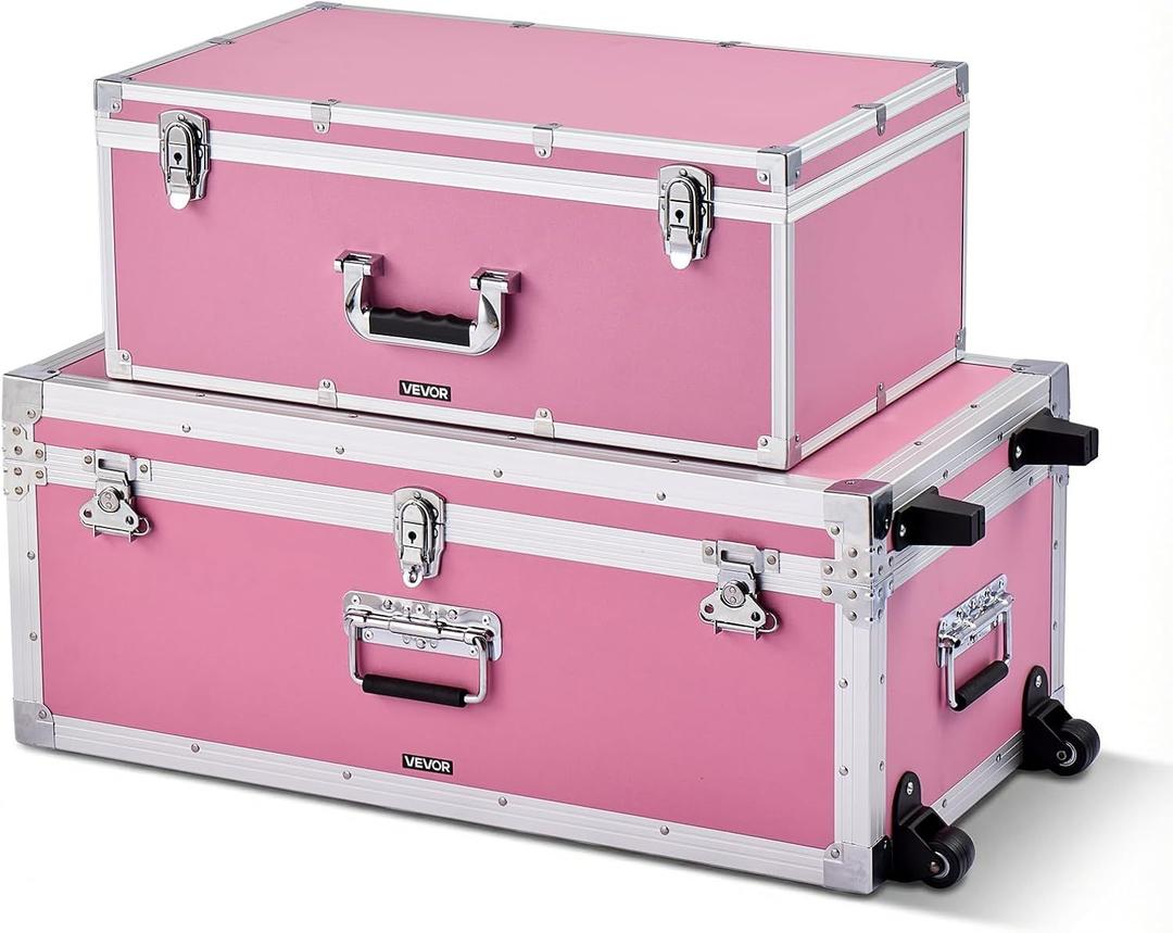 VEVOR Storage Trunk, Set of 2, Wooden Suitcase Storage Boxes with Padlocks, Large Trunk Includes Casters and 3 Metal Handles, Decorative Store Chest with Lids for Travel, Apartment, Dorm, Pink