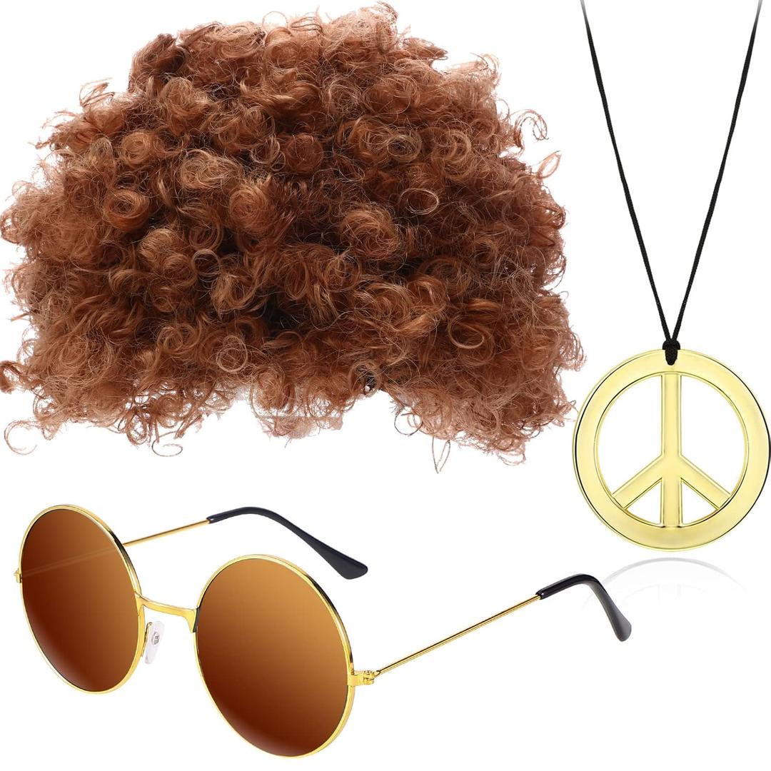 Gejoy 3 Pcs Disco Costume Accessories for Men Funky 70s Afro Wig Sunglasses Peace Sign Necklace Brown Afro Wig for 50/60/70s Hippie Theme Party