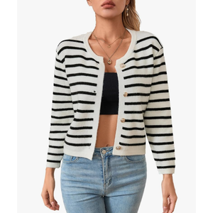 MakeMeChic Women's Cardigan Sweaters Striped Long Sleeve Button Down Fall Cardigan Sweaters Lightweight Trendy, M