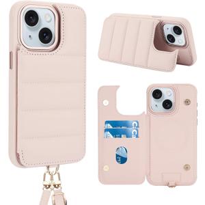 Crossbody Wallet Case for iPhone 13/iPhone 14 with Strap,RFID Blocking Leather Flip Case for Women with Card Holder,Magnetic Purse Shockproof Cover with Kickstand,Lanyard,Pale Pink
