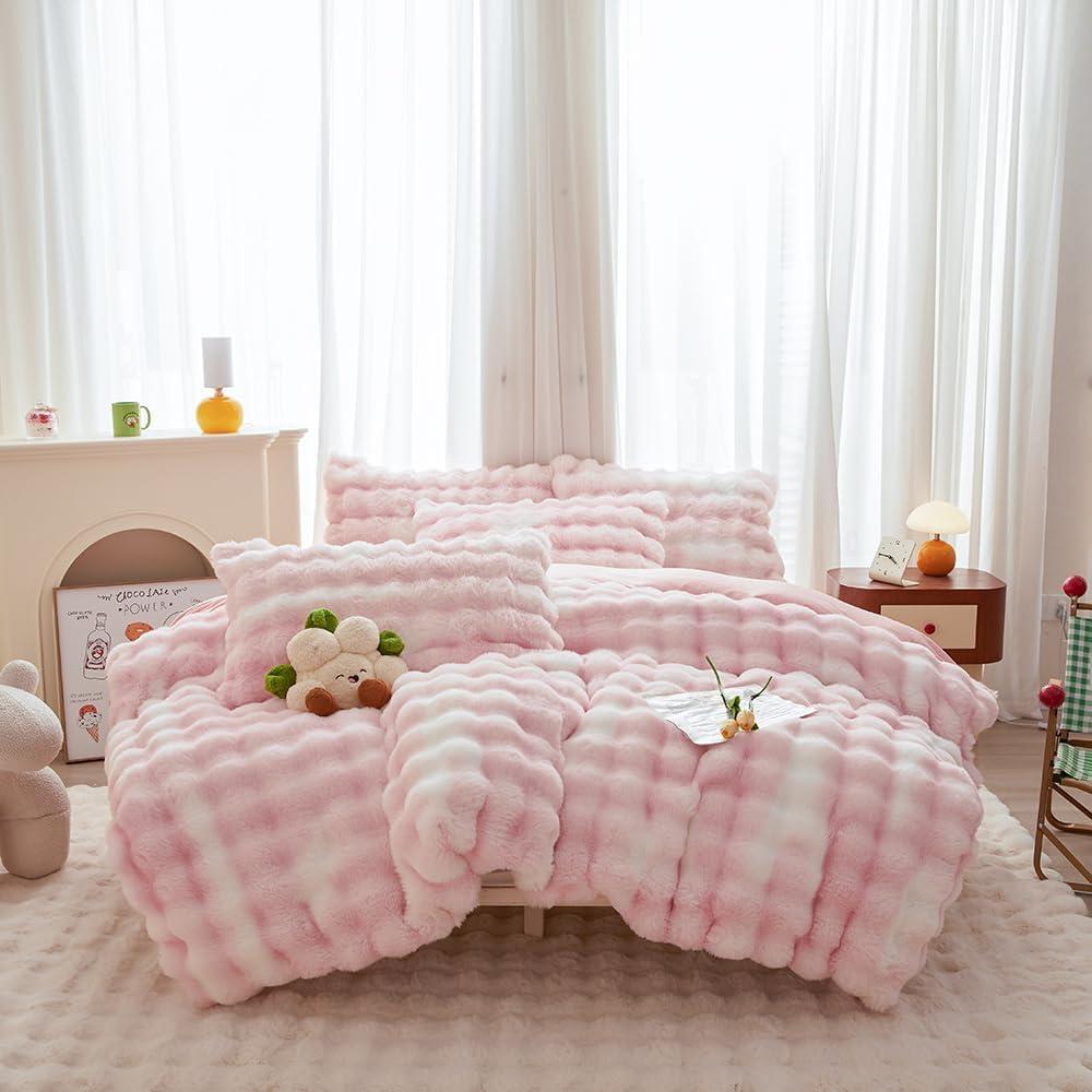Rabbit Plush Kids Girls Pink White Comforter Sets Twin/Full - 3PC Faux Fur Bed Set Skin Friendly Soft Warm Velvet Flannel Fluffy Fuzzy BeddingComforter x 1 Pillowcases x 2