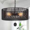 Drum Rattan Chandelier Light Fixture, Vintage Farmhouse 4-Lights Black Hand Woven Bamboo Chandelier, Rustic 19.7" for Dining Room, Bedroom, Kitchen