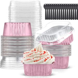 Mini Cake Pans With Lids (10oz,40 Pack) Aluminum Foil Square Cupcake Liners Brownie Baking Cups,Disposable 4x4 Large Cupcake Pan,Jumbo Muffin Tin Ramekins Holders (Pink)