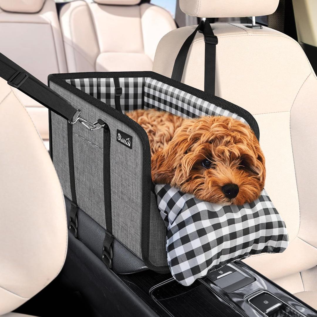 SlowTon Console Dog Car Seat - Portable Dogs Armrest Booster Seat for Small Dog, Anti-Collapse Pet Car Seat with Soft Cushion Safety Belt, Support Pet Up to 11lbs (Grey)
