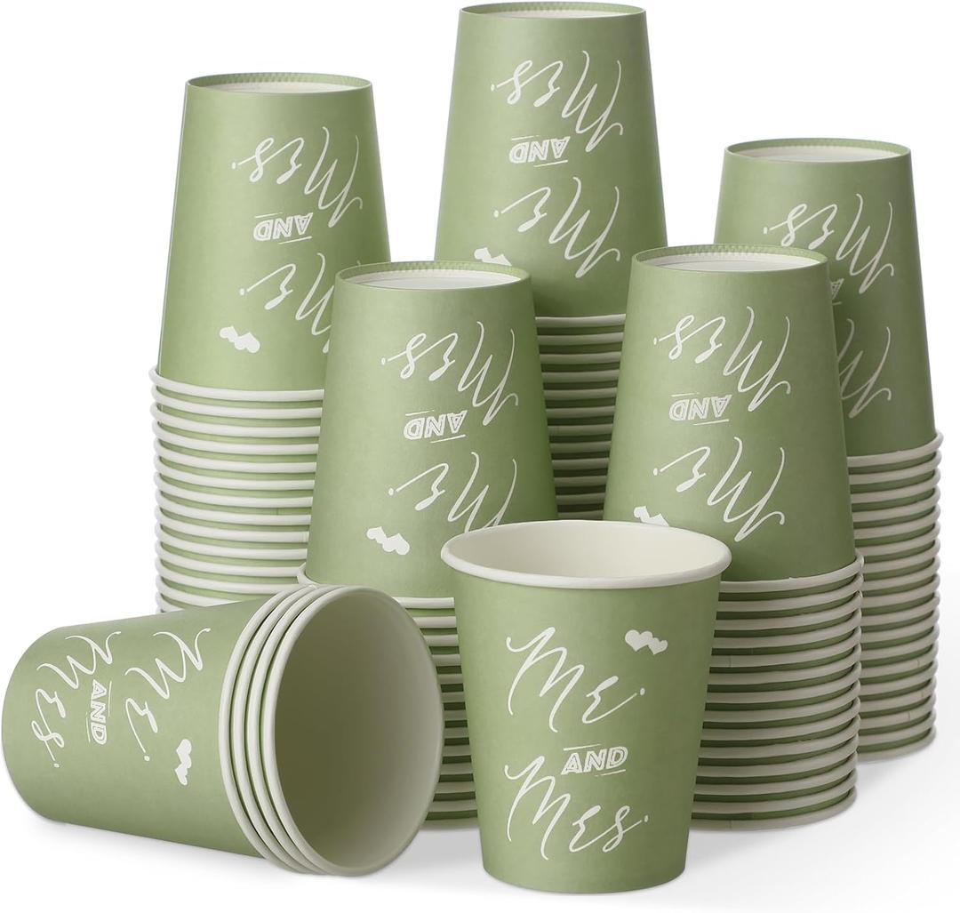 Fulmoon 100 Pcs Sage Green Paper Cups 9 oz Cup Disposable Mr and Mrs Paper Cups Wedding Bridal Shower Coffee Cups Birthday Beverage Drinking Cups Bulk for St Patricks Tea Party Picnic Business Supply