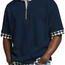 Men's Polo Shirts Casual Holiday Standing Collar Short Sleeve Basic Modern Plaid Color Block Buttons Summer Spring (Navy,XX-Large) 