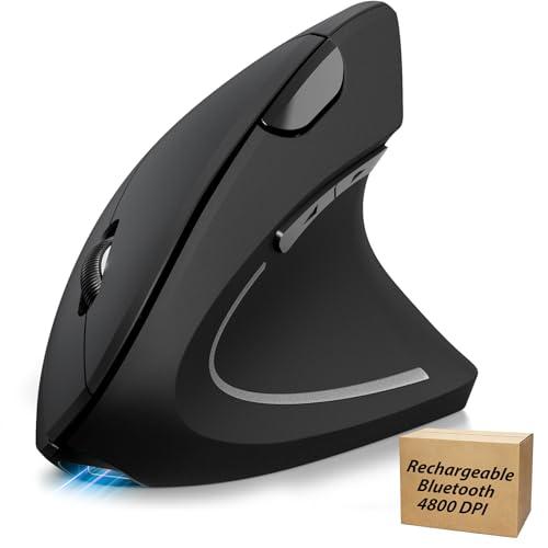 TECKNET Ergonomic Mouse Rechargeable Bluetooth - 4800 DPI Vertical Mice 6 Adjustable Levels, Wireless Optical Carpal Tunnel Mouse Right Hand, Multi Device for Laptop, PC, Computer, MacBook - Black