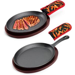 DVK Sizzling Plate with Wooden Base Fajita Skillet with Scald Protection Hot Mitt Cast Iron Plate for Home Barbeque Kitchen Service (2PCS)
