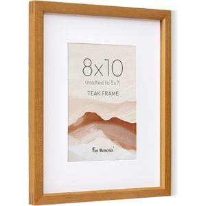 Fun Memories 8x10 Picture Frame, Natural Solid Teak Wood Photo Frame with HD Tempered Glass, Modern Simple 8x10 Wooden Frame Matted to 5x7, Wall or Tabletop Display