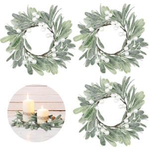 Gejoy 3 Pcs Christmas Pillar Candle Rings Wreaths Small Christmas Artificial Mistletoe Candle Wreath with Pearl Accents for Table Centerpiece Front Door Pillar Holder Decoration(White Pearl)