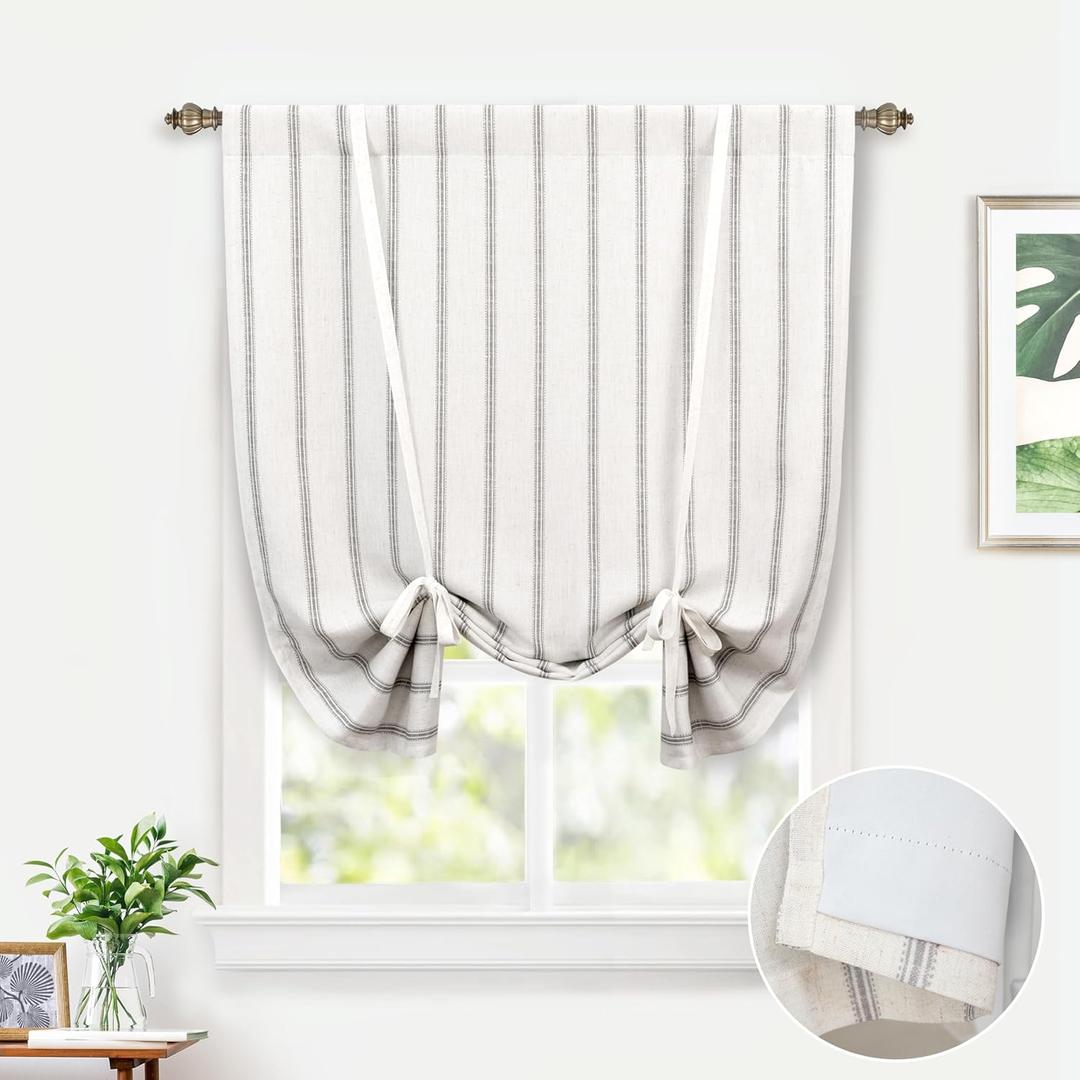 DriftAway Farmhouse Double Layer Linen Blackout Tie Up Curtains Thermal Insulated Vertical Striped Fully Lined Balloon Roman Shade Bathroom Window Adjustable Rod Pocket 39 Inch by 55 Inch Gray (Grey)
