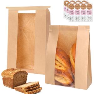 Moretoes 20 Pack Paper Bread Bags for Homemade Bread, 13.7x8.3x3.5 Inches, Sourdough Bread Bags with Tin Tie Tab and Clear Front Window, Includes 36 Label Seal Stickers