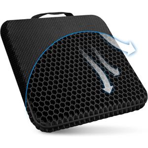 Gel Seat Cushion, for Long Sitting -Double Thick Gel Seat Cushion Breathable Honeycomb Chair Cushion with Non-Slip Cover for Office Chair Car, Wheelchair, Long Trips,Relief Sciatica Pain (Black)
