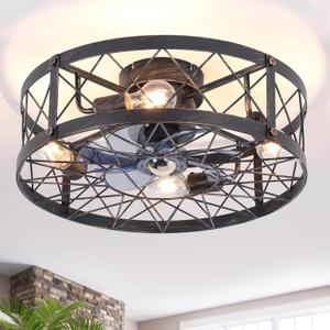 Flush Mount Caged Ceiling Fan with Lights, 20" Farmhouse Ceiling Fans with Remote, Bladeless Small Ceiling Fan 4-Speed Reversible Rustic Low Profile Ceiling Fans for Bedroom Dining Room Kitchen (Classical Black)