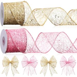 Geosar 2 Roll Gold Pink Mesh Glitter Ribbon 2.5 Inch x 10 Yard Christmas Glitter Sheer Metallic Wired Ribbon for Home Party Gift Wrapping Wreath DIY Crafts Xmas Tree Decor