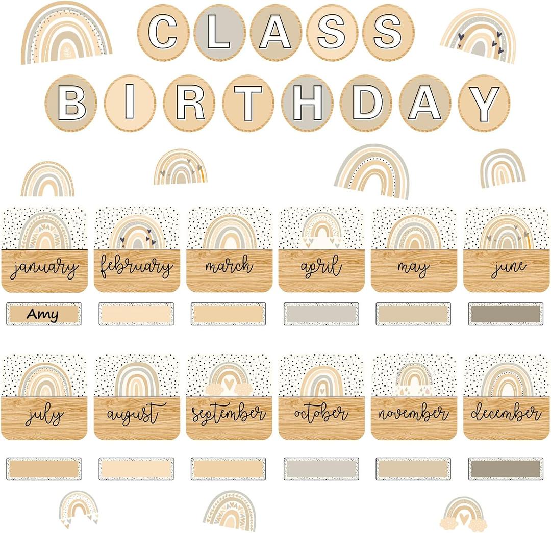 70 Pcs Back to School Birthday Bulletin Board Decoration Set Boho Rainbow Class Birthday Paper Cutouts with 160 Pcs Glue Points for Classroom Office Month Calendar