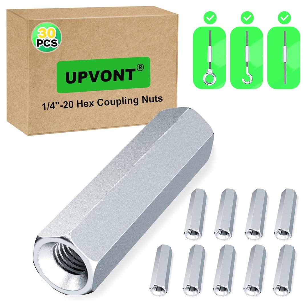 Hex Coupling Nuts, Rod Coupling Nuts 1/4"-20 UNC, 1-3/4" Length (30 PCS), Ideal for Threaded Rods & Studs, 1.75-Inch Length with Zinc Plating (30)