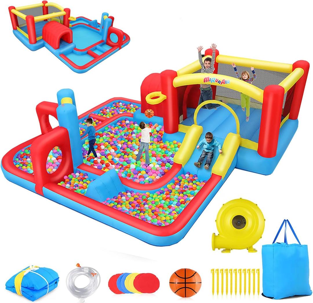 AKEYDIY Bounce House for Kids 3-10,Tunnel Obstacle, Dual Slides- Inflatable Obstacle Course Bounce House,Adventure Maze Inflatable Water Slides Park for Kids Indoor Backyard