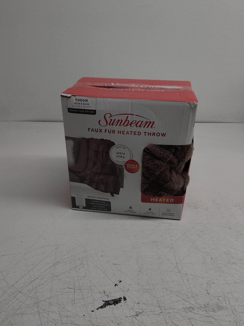 Sunbeam Faux Fur Heated Throw Blanket, 50 x 60 in, Brown