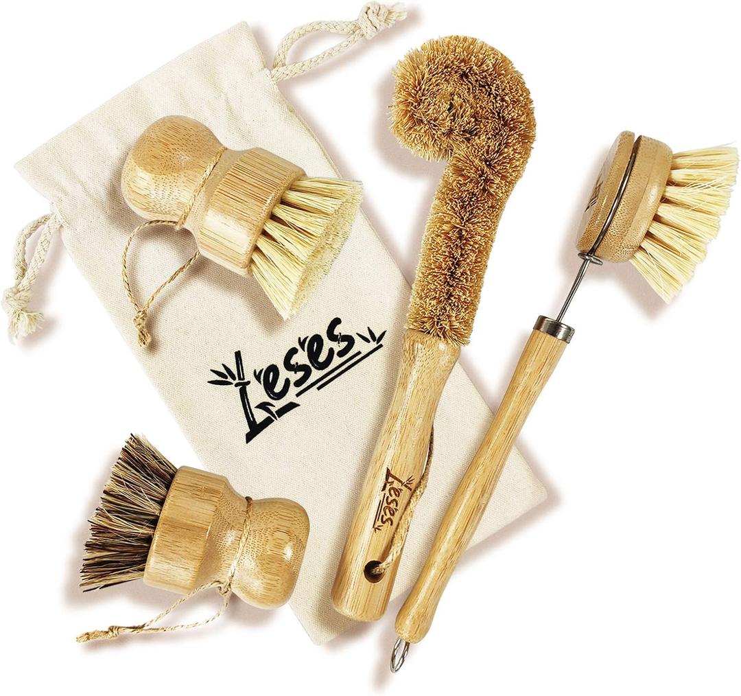 LESES Dish Brush Natural Bamboo Dish Scrub Brush Set with Handle 100% Plastic Free Eco Friendly Cleaning Brushes for Kitchen Cleaning Dish, Bottle, Pots, Pans