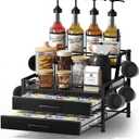 Coffee Syrup Rack Organizer - 4-Tier 8 Syrup Wine Bottles Stand with 82 Storage Drawer for K Cups, Coffee Pod Holder for Countertop, Bar Station, Kitchen, Black