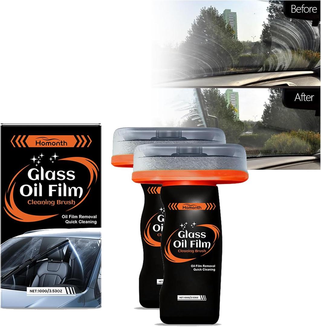 2PC Glass Oil Film Remover for Car, Automotive Glass Cleaner for Oil Residue & Road Grime, Improves Visibility & Safe Driving