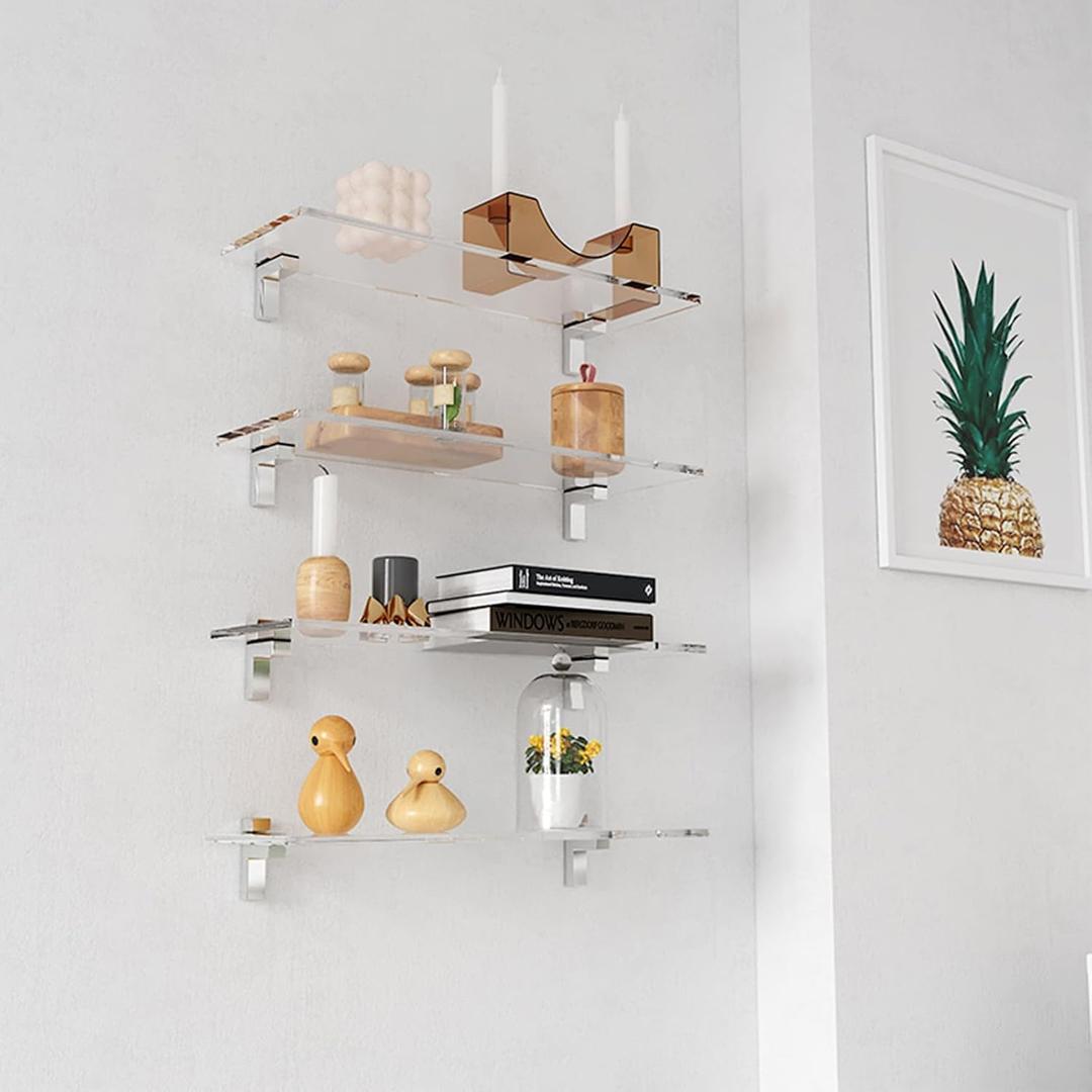 Clear Acrylic Shelf, Set of 2 Invisible Wall Shelves Wall Mounted Display Shelf, Floating Shelves for Bathroom, Bedroom, Living Room, Kitchen, Office (15.7 Inch Set of 4)