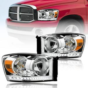 Headlights LED for 2006-2008 Dodge Ram 1500 2500 3500 LED DRL Head Lights Assembly Halogen Headlamps Amber Reflector Chrome Housing