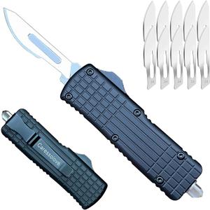 Automatic Scalpel Knife, Safety Auto Knife Push Button, EDC Double Action Razor Blade Utility Knife, With 10pcs #24 Replaceable Blade Self Retractable Pocket Knives For Men and Women (Black)