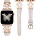 Minyee Compatible with Apple Watch Band 42/41/40/38/44/45/46/49mm Women, Slim Dressy Chic Premium Soft Leather Strap with Bling Dainty Flower Charm for iWatch Series 11 10 9 8 7 6 5 4 Ultra/SE 3 2 1