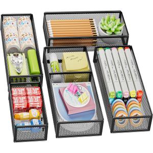 Marbrasse 5 Pack Desk Drawer Organizer Set, Mesh Drawer Storage Trays with 1 Adjustable Divider, Desk Organizers and Accessories, 5 PCS Drawer for Office Supplies, Makeup & Vanity (Black)