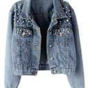 Kedera Women Oversized Denim Jacket Embroidered Pearls Beading Jeans Coat, XL