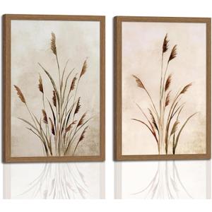 2pcs Framed Bohemian Reed Wall Art,Retro,Country-Style Natural Minimalist Botanical Canvas Painting Suitable For Living Rooms, Bedrooms, And 16 X 24 In