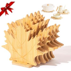 Bamboo Trivets for Hot Dishes, Pots & Pans - 6 Large Heat Resistant Pot Holders Trivet Set with Maple Leaf Design, Non-Slip for Kitchen Countertops & Dining Table